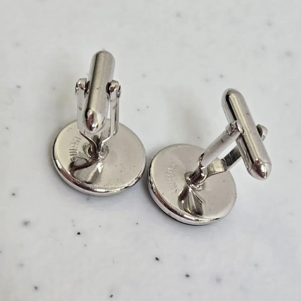 Swank Cufflinks Black Enamel Circle Silver Tone Shiny Black Onyx Bar